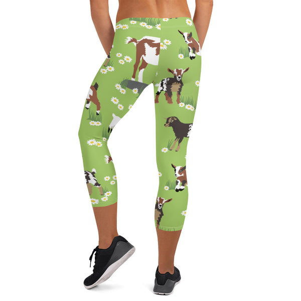 Green Sheep Goat Capri Leggings, Animal Print Women's Capri Leggings, Modern Best Women's Casual Tights Capri Leggings Casual Activewear, ‎Women's Capri Leggings, Girls Capri Gym Leggings, Capri Leggings For Summer - Made in USA/EU/MX (US Size: XS-XL)