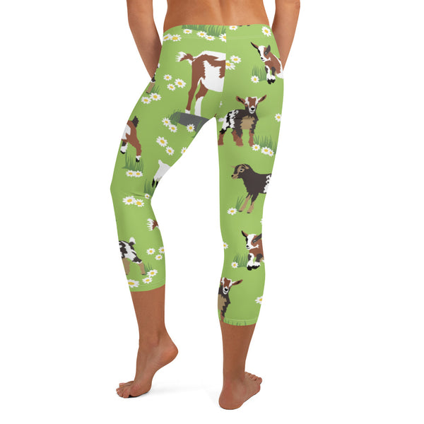 Green Sheep Goat Capri Leggings, Animal Print Women's Capri Leggings, Modern Best Women's Casual Tights Capri Leggings Casual Activewear, ‎Women's Capri Leggings, Girls Capri Gym Leggings, Capri Leggings For Summer - Made in USA/EU/MX (US Size: XS-XL)