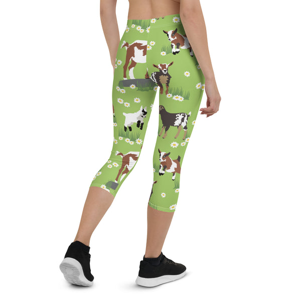 Green Sheep Goat Capri Leggings, Animal Print Best Casual Capris Tights For Women-Made in USA/EU/MX (US Size: XS-XL)