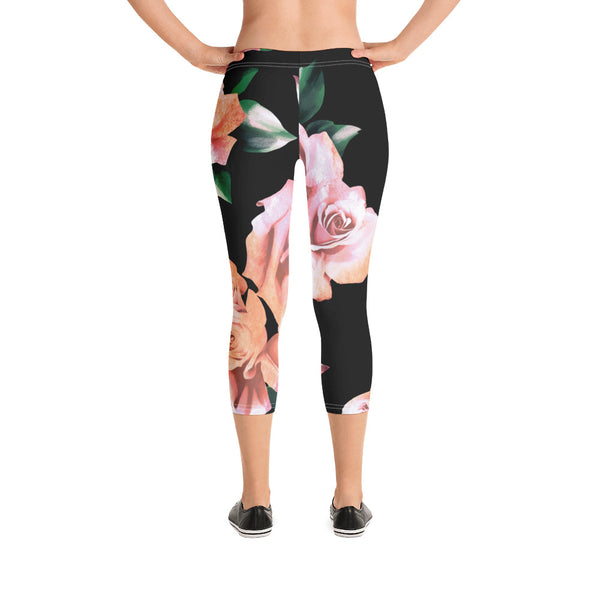 Pink Rose Floral Capri Leggings, Classic Elegant Rose Black Flower Print Capri Leggings, Abstract Modern Best Women's Casual Tights Capri Leggings Casual Activewear, ‎Women's Capri Leggings, Womens Capri Gym Leggings, Capri Leggings For Summer - Made in USA/EU/MX (US Size: XS-XL)