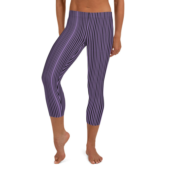 Purple Stripe Casual Capri Leggings - Heidikimurart Limited  Purple Stripe Casual Capri Leggings, Modern Striped Women's Casual Capris Tights, Fashionable Printed Athletic Casual Capri Leggings Yoga Pants For Ladies- Made in USA/EU/MX (US Size: XS-XL)