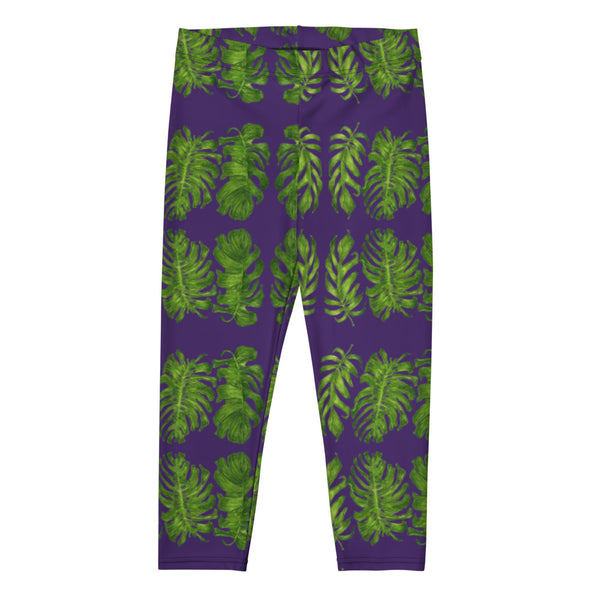 Purple Tropical Leaf Capri Leggings - Heidikimurart Limited  Purple Tropical Leaf Capri Leggings, Hawaiian Style Leaves Green Fashionable Printed Athletic Casual Capri Leggings Yoga Pants For Ladies- Made in USA/EU/MX (US Size: XS-XL)
