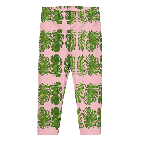 Pink Tropical Leaf Capri Leggings - Heidikimurart Limited  Pink Tropical Leaf Capri Leggings, Nude Pink Hawaiian Style Leaves Green Fashionable Printed Athletic Casual Capri Leggings Yoga Pants For Ladies- Made in USA/EU/MX (US Size: XS-XL)