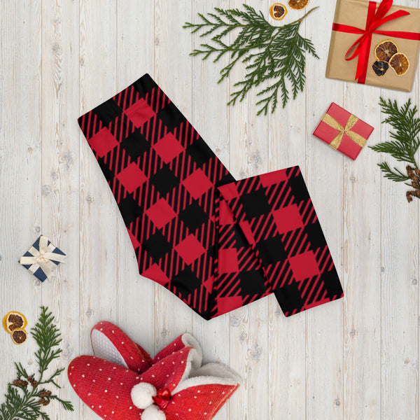 Buffalo Red Plaid Capri Leggings, Printed Women's Capris Tights