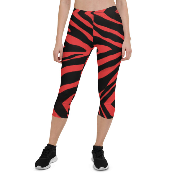 Red Zebra Print Capri Leggings, Zebra Stripes Animal Print Capri Leggings, Modern Best Women's Casual Tights Capri Leggings Casual Activewear, ‎Women's Capri Leggings, Girls Capri Gym Leggings, Capri Leggings For Summer - Made in USA/EU/MX (US Size: XS-XL)