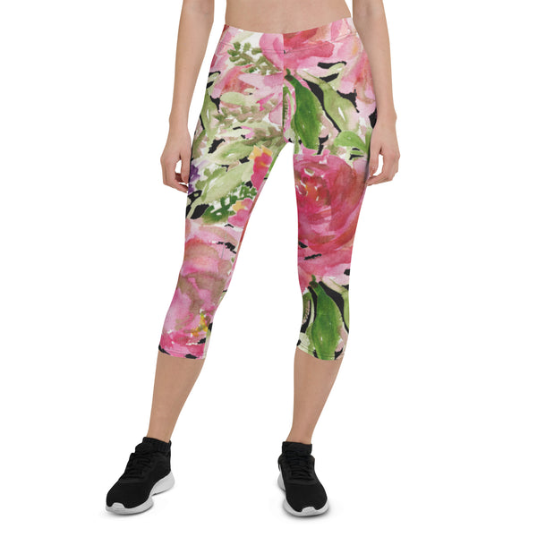 Pink Rose Floral Capris Tights, Pink Rose Floral Elegant Chic Best Designer Women's Fashion Casual Capri Tights Women's Leggings - Made in USA/EU/MX (US Size: XS-XL)