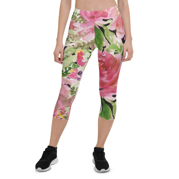 Pink Flower Women's Capris Tights, Pink Princess Rose Watercolor Style Floral Designer Casual 38–40 UPF Capri Leggings Activewear Sports Casual Best Outfit - Made in USA/EU/MX (US Size: XS-XL) Capri Pink Floral Leggings for Women, Pink Floral Flower Pattern Print Women's Capri Leggings, Pink Floral Legging, Floral Capris, Pink Capris  