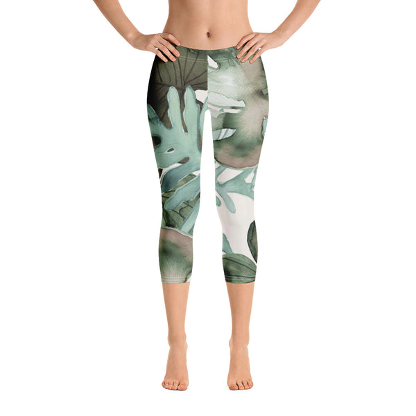 Green Tropical Print Capri Leggings, Best Floral Printed Designer Casual Capris Tights For Women-Made in USA/EU/MX (US Size: XS-XL)