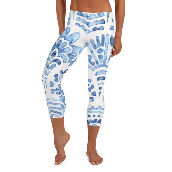 Blue Abstract Print Capri Leggings