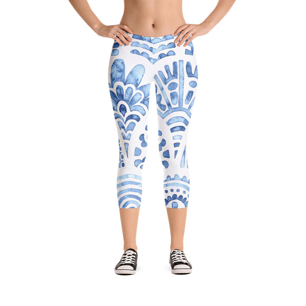 Blue Abstract Print Capri Leggings