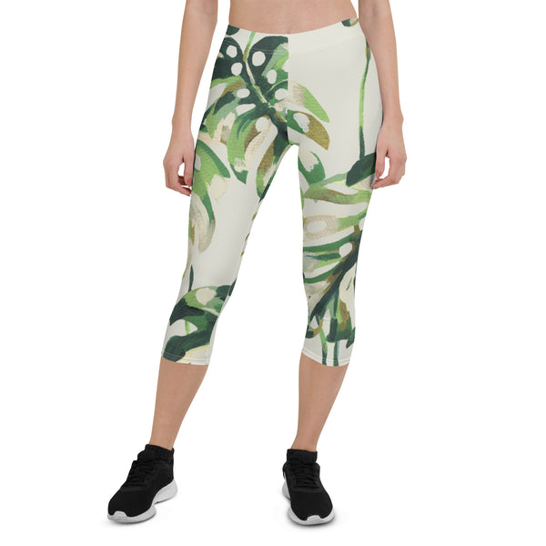 Tropical Green Print Capri Leggings, Plant Leave Printed Capri Leggings, Modern Best Women's Casual Tights Capri Leggings Casual Activewear, ‎Women's Capri Leggings, Girls Capri Gym Leggings, Capri Leggings For Summer - Made in USA/EU/MX (US Size: XS-XL)