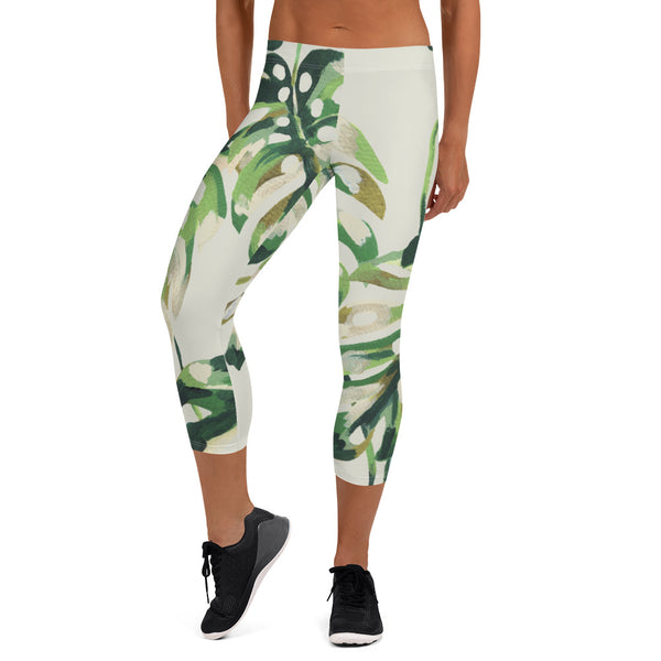 Tropical Green Print Capri Leggings, Plant Leave Printed Capri Leggings, Modern Best Women's Casual Tights Capri Leggings Casual Activewear, ‎Women's Capri Leggings, Girls Capri Gym Leggings, Capri Leggings For Summer - Made in USA/EU/MX (US Size: XS-XL)