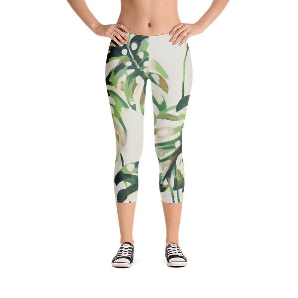 Green Tropical Print Capri Leggings, Best Casual Capris Tights For Women-Made in USA/EU/MX (US Size: XS-XL)