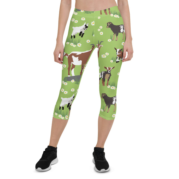 Green Sheep Goat Capri Leggings, Animal Print Women's Capri Leggings, Modern Best Women's Casual Tights Capri Leggings Casual Activewear, ‎Women's Capri Leggings, Girls Capri Gym Leggings, Capri Leggings For Summer - Made in USA/EU/MX (US Size: XS-XL)