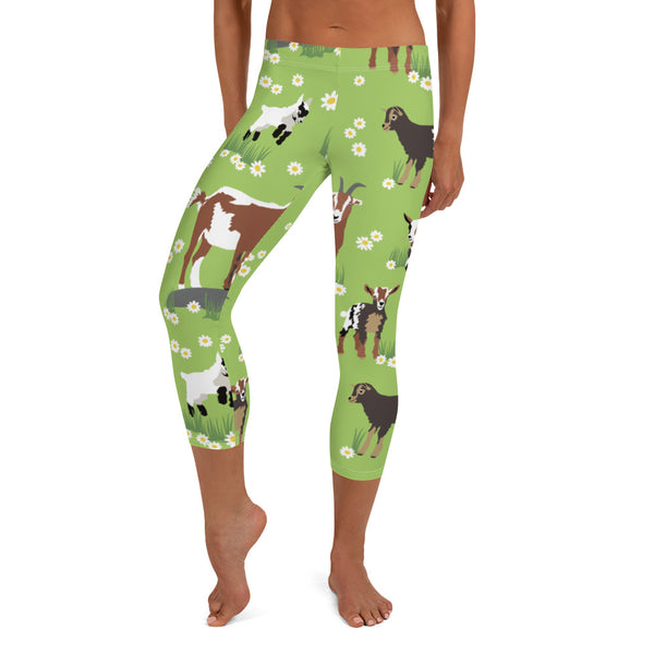 Green Sheep Goat Capri Leggings, Animal Print Women's Capri Leggings, Modern Best Women's Casual Tights Capri Leggings Casual Activewear, ‎Women's Capri Leggings, Girls Capri Gym Leggings, Capri Leggings For Summer - Made in USA/EU/MX (US Size: XS-XL)