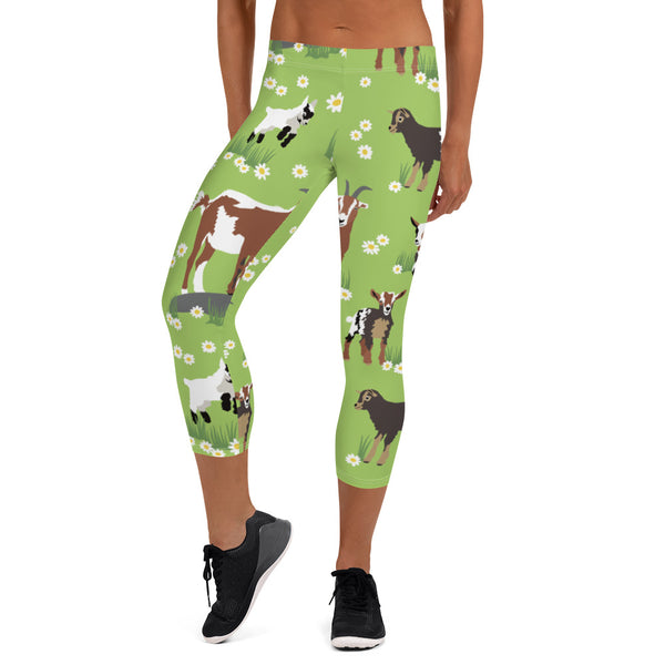 Green Sheep Goat Capri Leggings, Animal Print Best Casual Capris Tights For Women-Made in USA/EU/MX (US Size: XS-XL)