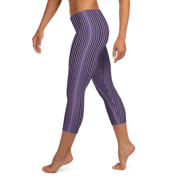 Purple Stripe Casual Capri Leggings - Heidikimurart Limited Purple Stripe Casual Capri Leggings, Modern Striped Women's Casual Capris Tights, Fashionable Printed Athletic Casual Capri Leggings Yoga Pants For Ladies- Made in USA/EU/MX (US Size: XS-XL)