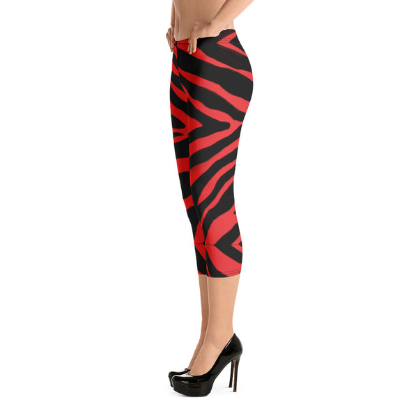 Red Zebra Print Capri Leggings, Zebra Stripes Animal Print Best Casual Capris Tights For Women-Made in USA/EU/MX