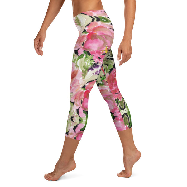 Flower Rose Casual Capri Leggings, Pink Floral Casual Tights Floral Designer Casual 38–40 UPF Capri Leggings Activewear Outfit - Made in USA/EU/MX (US Size: XS-XL)
