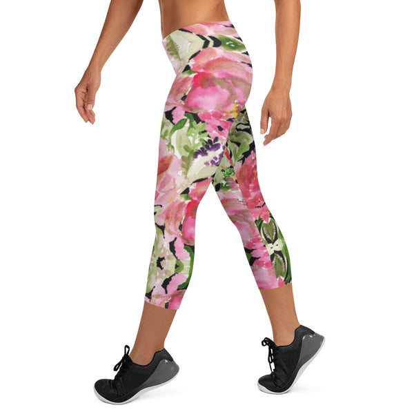 Pink Cute Capris Floral Tights, Pink Flower Women's Capris Tights, Pink Princess Rose Watercolor Style Floral Designer Casual 38–40 UPF Capri Leggings Activewear Sports Casual Best Outfit - Made in USA/EU/MX (US Size: XS-XL) Capri Pink Floral Leggings for Women, Pink Floral Flower Pattern Print Women's Capri Leggings, Pink Floral Legging, Floral Capris, Pink Capris  