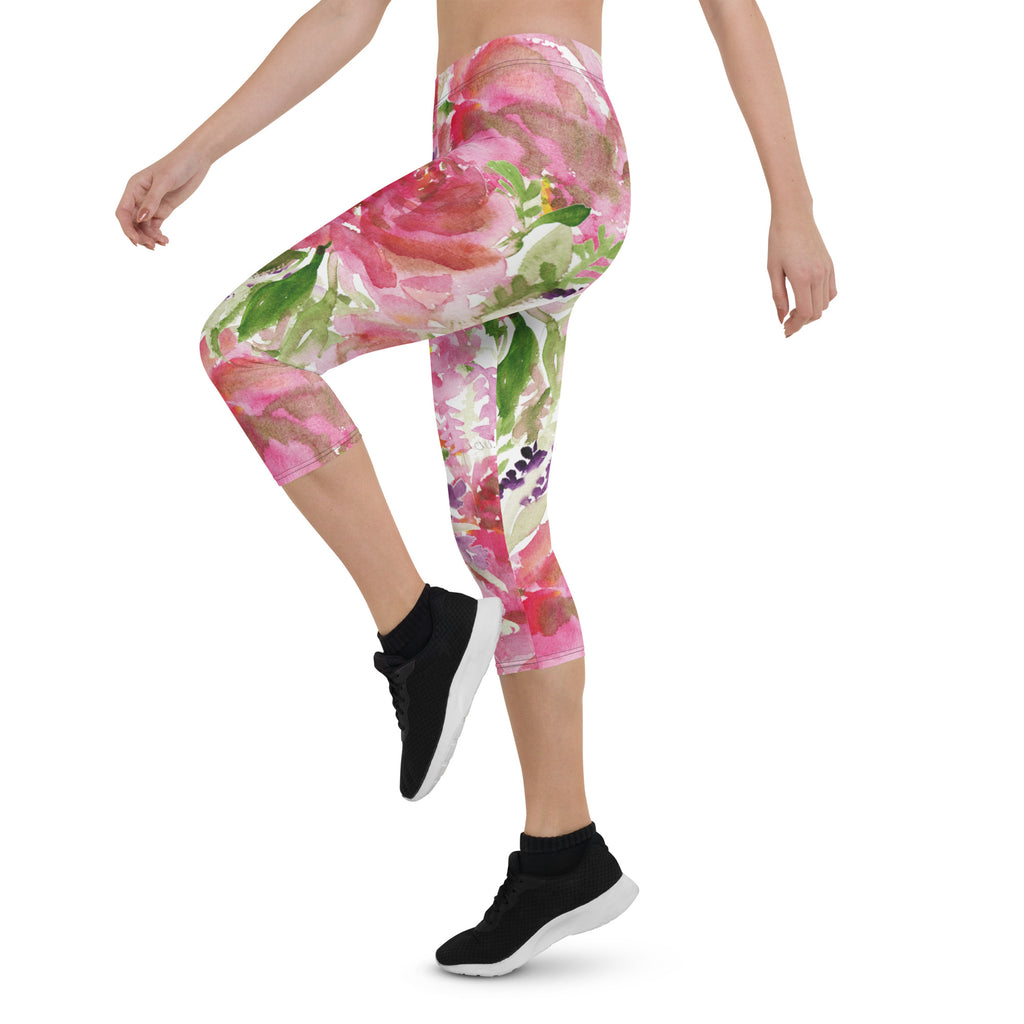 Pink Rose Women's Capri Leggings, Floral Casual Tights Floral Designer  Casual 38–40 UPF Capri Leggings Activewear Outfit - Made in USA/EU/MX (US  Size: XS-XL)