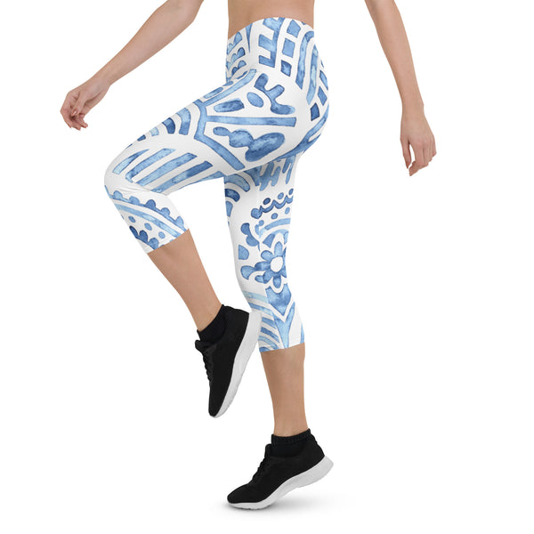 Blue Abstract Print Capri Leggings