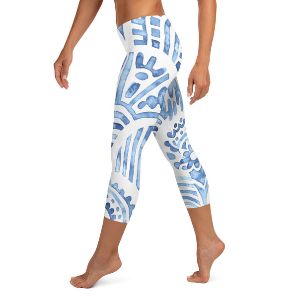 Blue Abstract Print Capri Leggings