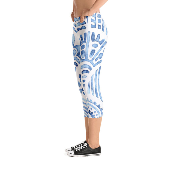 Blue Abstract Print Capri Leggings