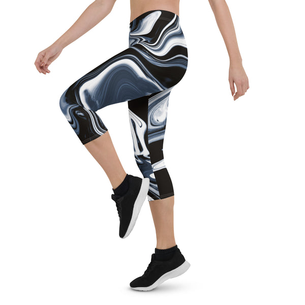 Blue Marble Print Capri Leggings