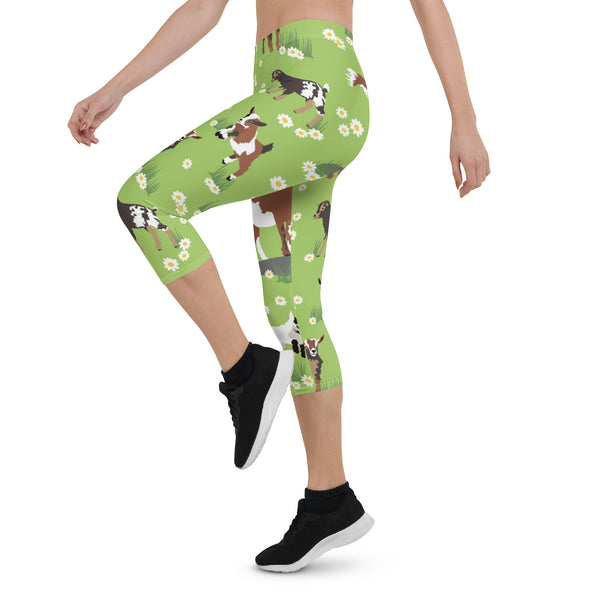 Green Sheep Goat Capri Leggings, Animal Print Best Casual Capris Tights For Women-Made in USA/EU/MX (US Size: XS-XL)