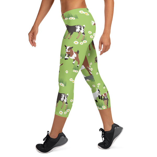 Green Sheep Goat Capri Leggings, Animal Print Best Casual Capris Tights For Women-Made in USA/EU/MX (US Size: XS-XL)