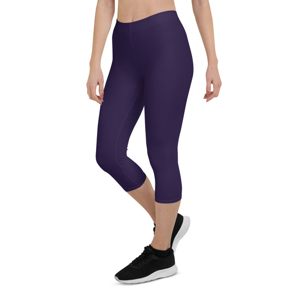 Dark Purple Solid Capri Leggings, Purple Dark Color Women's Capri Leggings, Abstract Modern Best Women's Casual Tights Capri Leggings Casual Activewear, ‎Women's Capri Leggings, Womens Capri Gym Leggings, Capri Leggings For Summer - Made in USA/EU/MX (US Size: XS-XL)