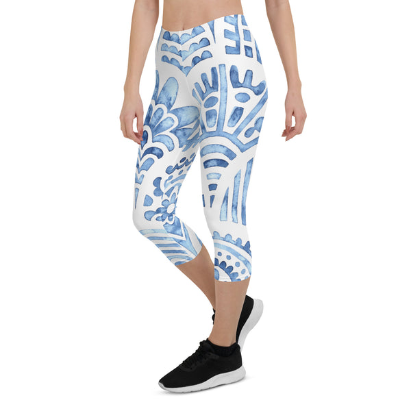 Blue Abstract Print Capri Leggings