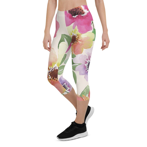 Pink Floral Best Capri Leggings, Flower Print Capri Leggings, Abstract Modern Best Women's Casual Tights Capri Leggings Casual Activewear, ‎Women's Capri Leggings, Womens Capri Gym Leggings, Capri Leggings For Summer - Made in USA/EU/MX (US Size: XS-XL)
