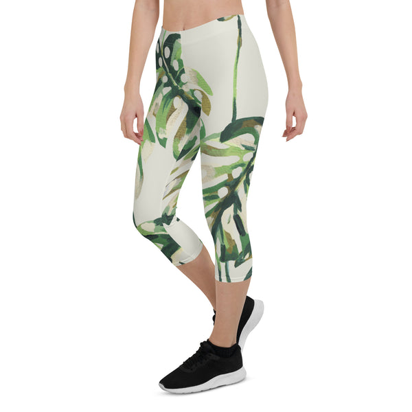 Tropical Green Print Capri Leggings, Plant Leave Printed Capri Leggings, Modern Best Women's Casual Tights Capri Leggings Casual Activewear, ‎Women's Capri Leggings, Girls Capri Gym Leggings, Capri Leggings For Summer - Made in USA/EU/MX (US Size: XS-XL)