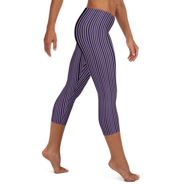 Purple Stripe Casual Capri Leggings - Heidikimurart Limited  Purple Stripe Casual Capri Leggings, Modern Striped Women's Casual Capris Tights, Fashionable Printed Athletic Casual Capri Leggings Yoga Pants For Ladies- Made in USA/EU/MX (US Size: XS-XL)