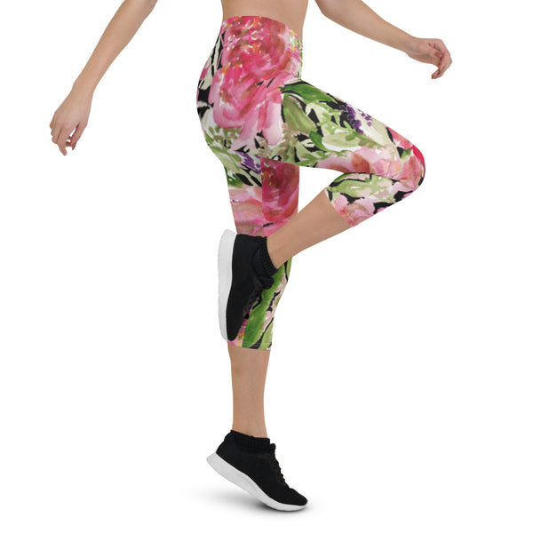 Pink Cute Capris Floral Tights, Pink Flower Women's Capris Tights, Pink Princess Rose Watercolor Style Floral Designer Casual 38–40 UPF Capri Leggings Activewear Sports Casual Best Outfit - Made in USA/EU/MX (US Size: XS-XL) Capri Pink Floral Leggings for Women, Pink Floral Flower Pattern Print Women's Capri Leggings, Pink Floral Legging, Floral Capris, Pink Capris  