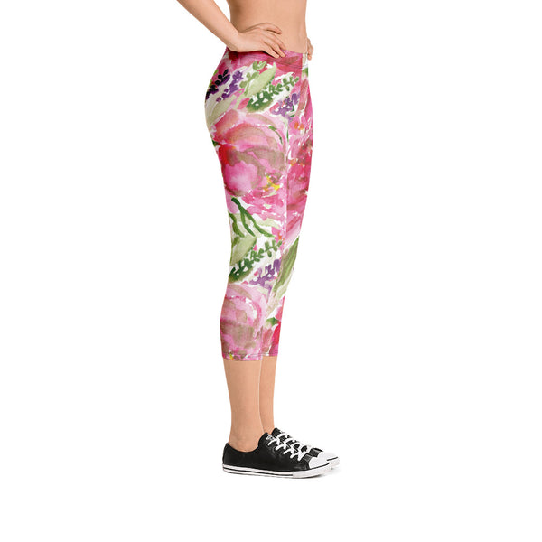 Pink Flower Women's Capris Tights, Pink Princess Rose Watercolor Style Floral Designer Casual 38–40 UPF Capri Leggings Activewear Sports Casual Best Outfit - Made in USA/EU/MX (US Size: XS-XL) Capri Pink Floral Leggings for Women, Pink Floral Flower Pattern Print Women's Capri Leggings, Pink Floral Legging, Floral Capris, Pink Capris  