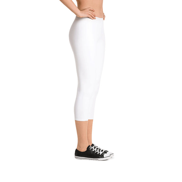 White Solid Color Capri Leggings, White Bright Color Women's Capri Leggings, Abstract Modern Best Women's Casual Tights Capri Leggings Casual Activewear, ‎Women's Capri Leggings, Womens Capri Gym Leggings, Capri Leggings For Summer - Made in USA/EU/MX (US Size: XS-XL)