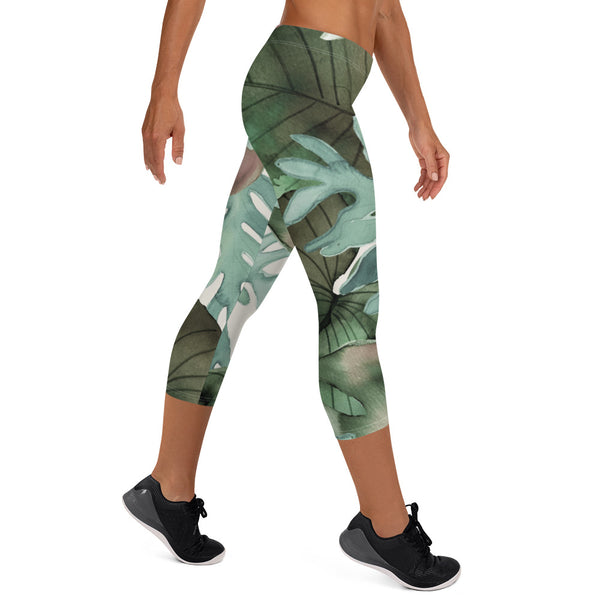 Tropical Green Print Capri Leggings, Designer Plant Leave Printed Capri Leggings, Modern Best Women's Casual Tights Capri Leggings Casual Activewear, ‎Women's Capri Leggings, Girls Capri Gym Leggings, Capri Leggings For Summer - Made in USA/EU/MX (US Size: XS-XL)