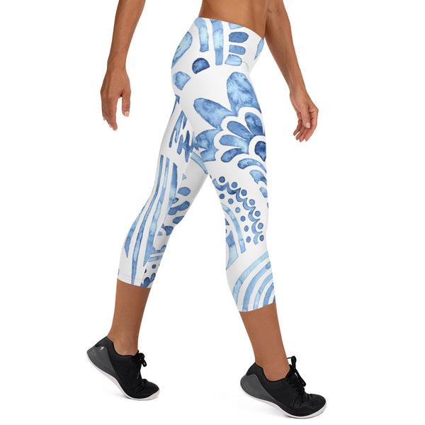 Blue Abstract Print Capri Leggings