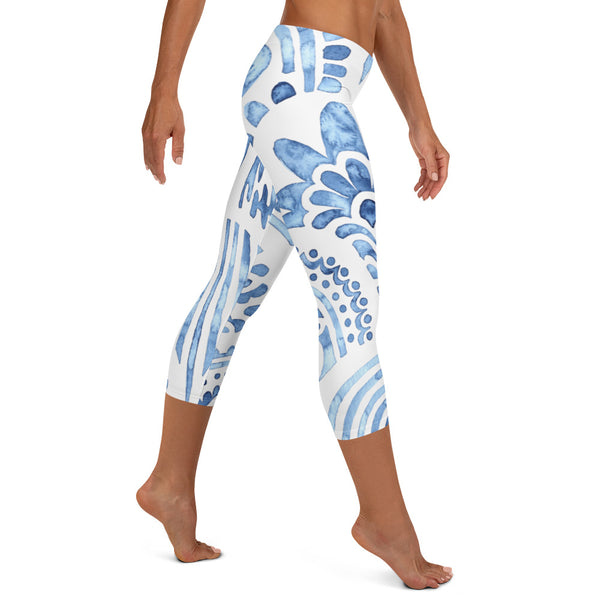 Blue Abstract Print Capri Leggings