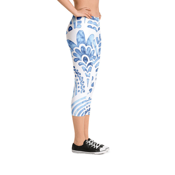 Blue Abstract Print Capri Leggings