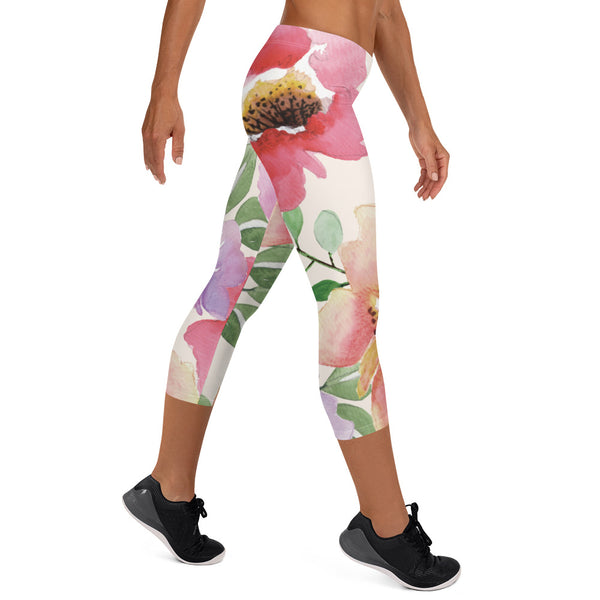Pink Floral Best Capri Leggings, Flower Print Capri Leggings, Abstract Modern Best Women's Casual Tights Capri Leggings Casual Activewear, ‎Women's Capri Leggings, Womens Capri Gym Leggings, Capri Leggings For Summer - Made in USA/EU/MX (US Size: XS-XL)