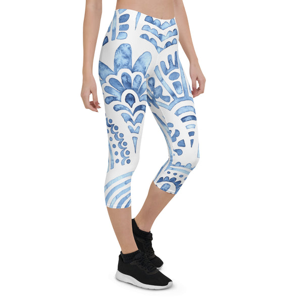 Blue Abstract Print Capri Leggings