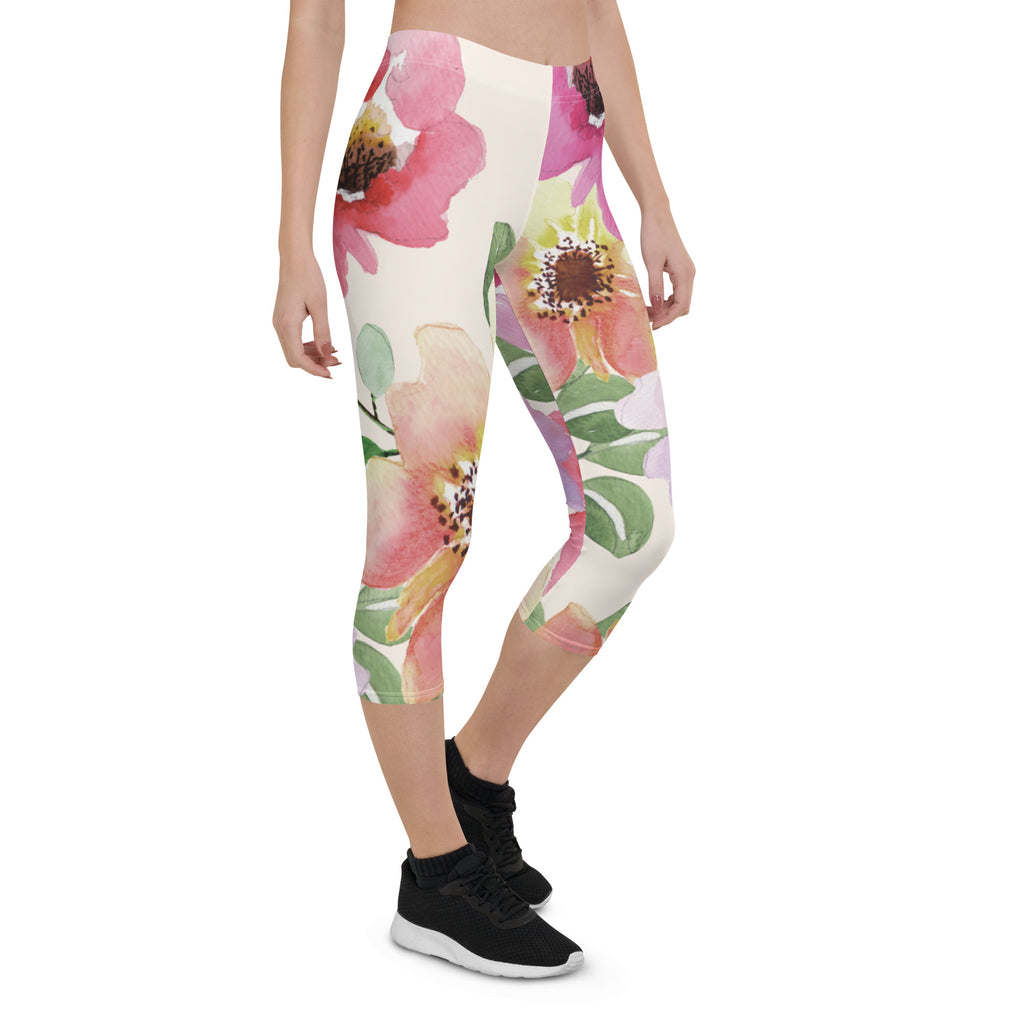 Pink Floral Best Capri Leggings, Flower Print Designer Premium