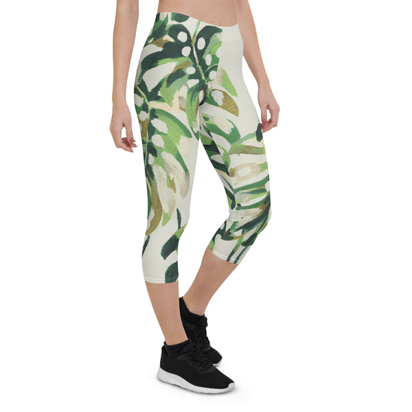 Tropical Green Print Capri Leggings, Plant Leave Printed Capri Leggings, Modern Best Women's Casual Tights Capri Leggings Casual Activewear, ‎Women's Capri Leggings, Girls Capri Gym Leggings, Capri Leggings For Summer - Made in USA/EU/MX (US Size: XS-XL)