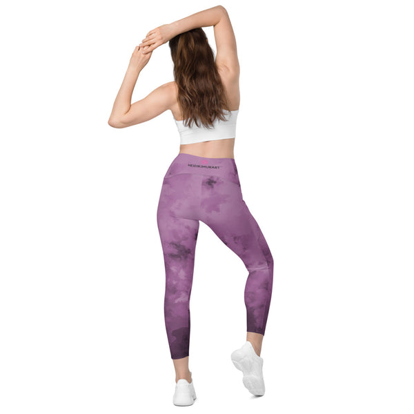 Purple Abstract Women's Tights, Purple Abstract Print Best Designer Printed Crossover UPF 50+ Sports Yoga Gym Leggings With 2 Side Pockets For Ladies - Made in USA/EU/MX (US Size: 2XS-6XL) Plus Size Available
