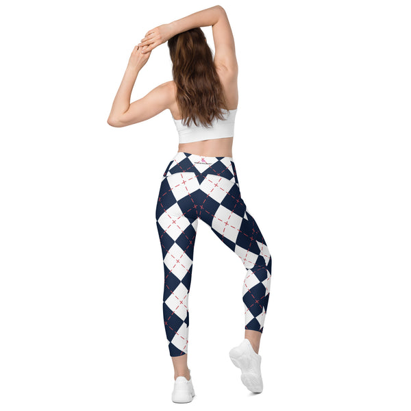 Blue Plaid Print Women's Tights, Crossover leggings with pockets