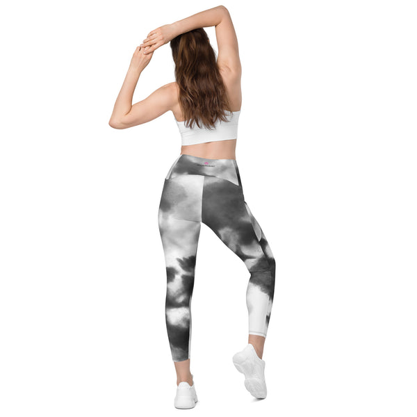 Grey Abstract Women's Tights, Crossover leggings with pockets